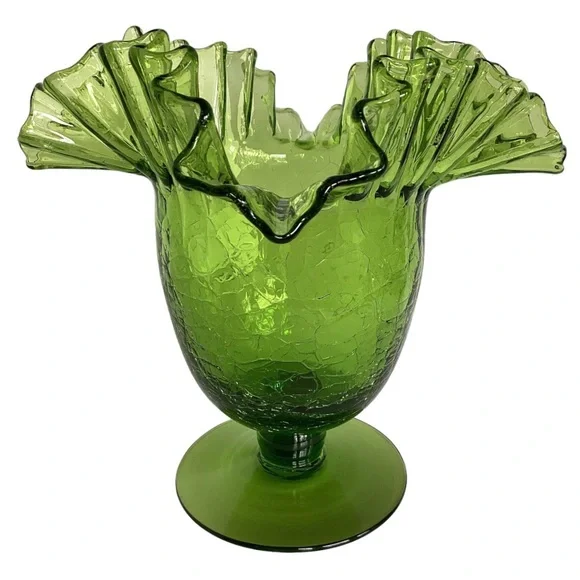 Blenko 388 Green Crackle Art Glass Vase Handcrafted Crimped Ruffled Edge Vintage - Picture 1 of 16